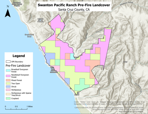 Figure 3. Swanton Pacific Ranch Pre-Fire Land Cover, created with data retrieved from Global Land Cover by National Mapping Organizations, GLCNMO (Geospatial Information Authority of Japan, 2025).